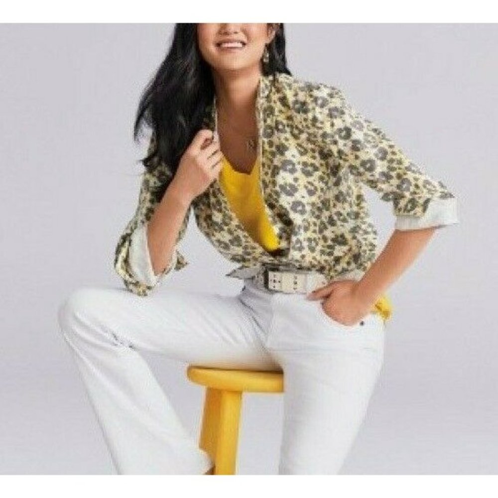 Cabi The Dreamer Providence Shirt Jacket Womens Large Yellow Gray Safari Print